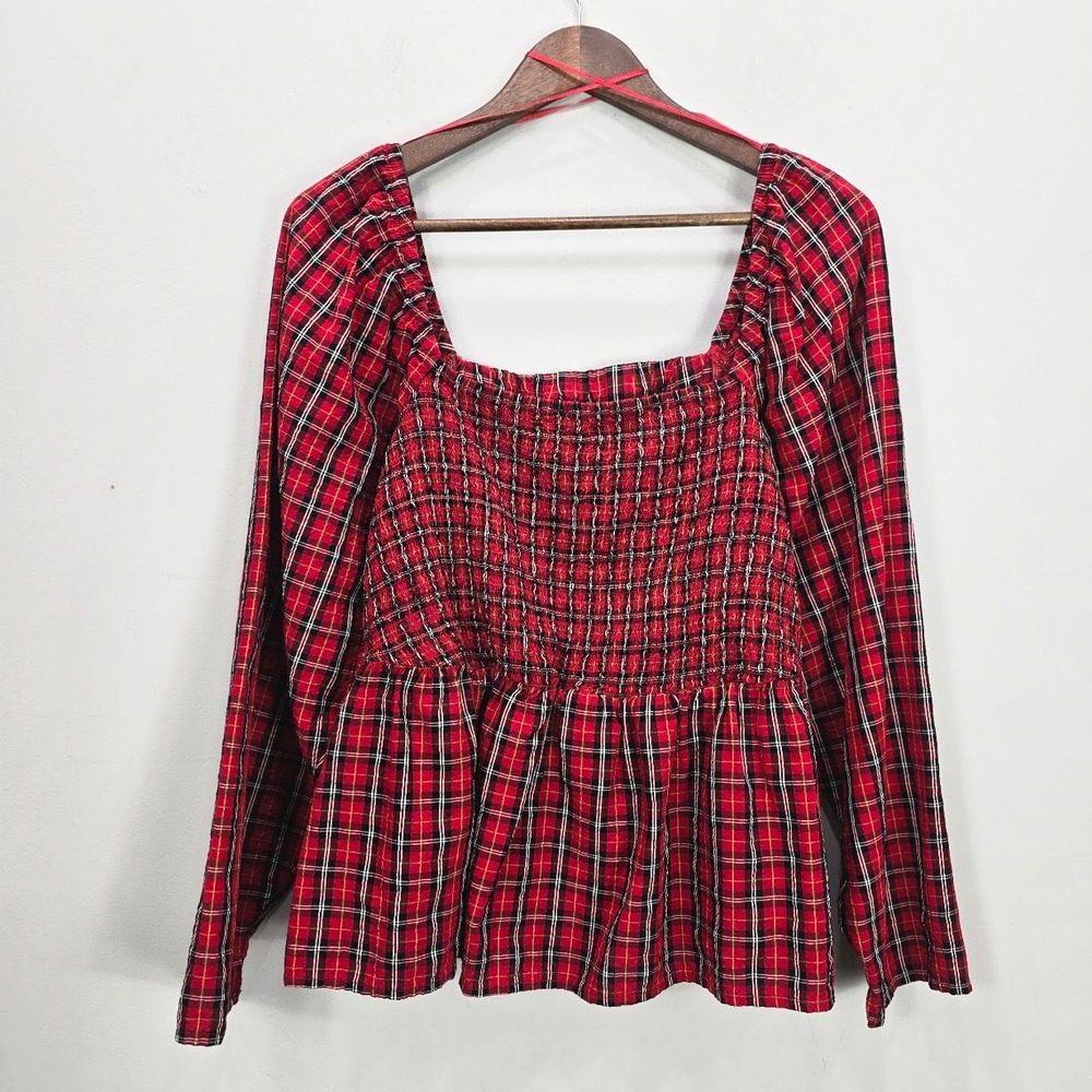 Old Navy Blouse Top 2X Red Tartan Plaid Modal Smocked Grunge Whimsigoth Milkmaid